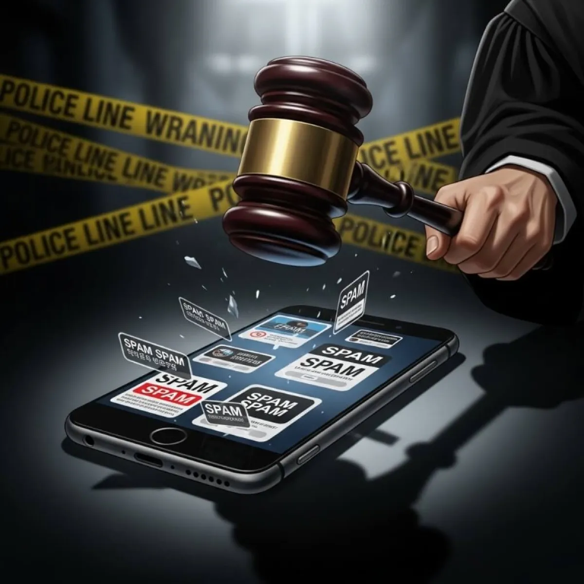 어두운 배경에 경찰차 경광등 불빛과 스마트폰 화면 속 반복된 문자 메시지, 법적 처벌 경고 아이콘