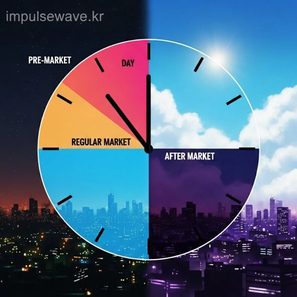 24시간 시계 다이어그램에 프리마켓, 정규장, 애프터마켓 시간이 색깔별로 구분된 인포그래픽