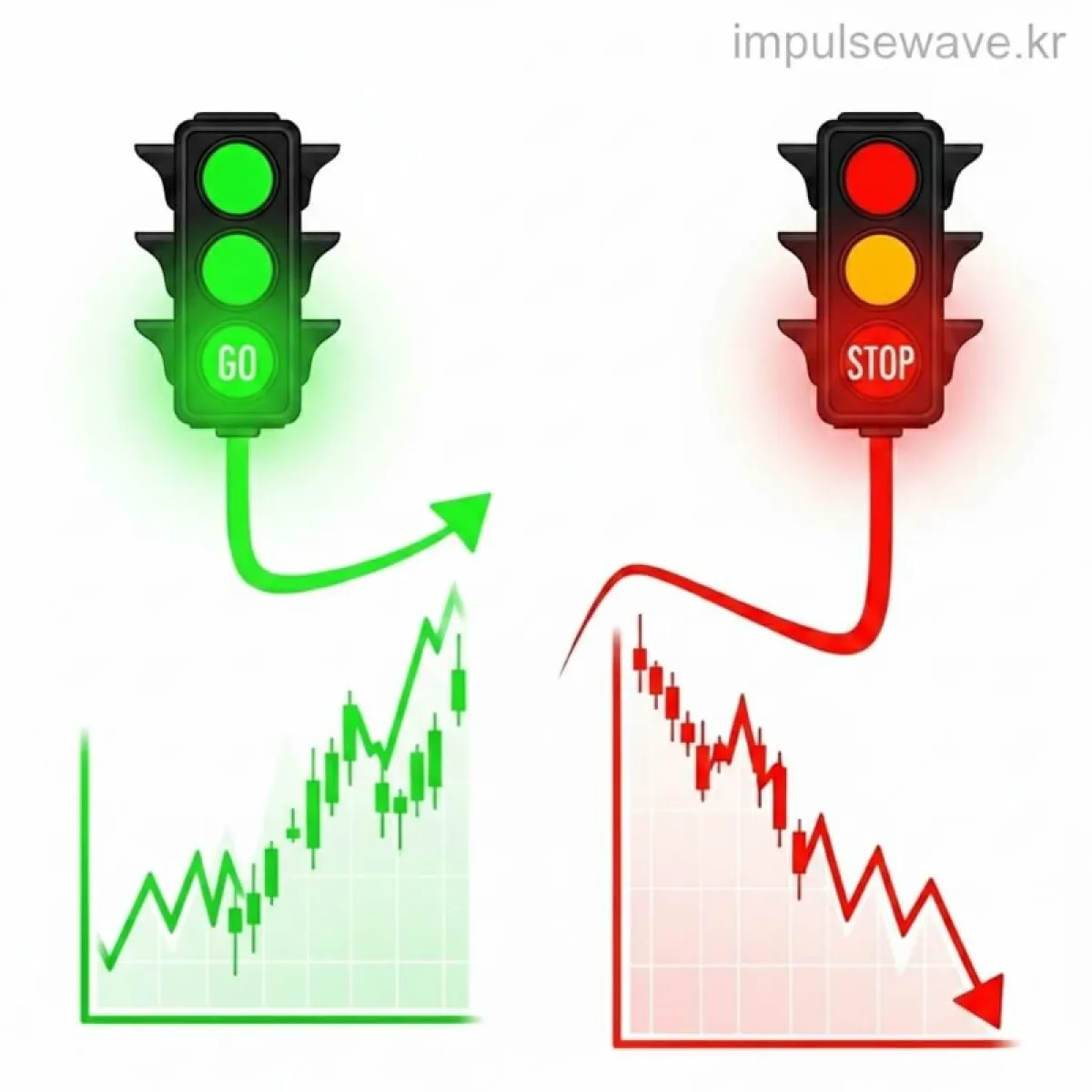 초록색 신호등과 빨간색 신호등, 그리고 미국 달러 지폐의 초록색을 연결하여 상승과 하락을 설명하는 이미지
