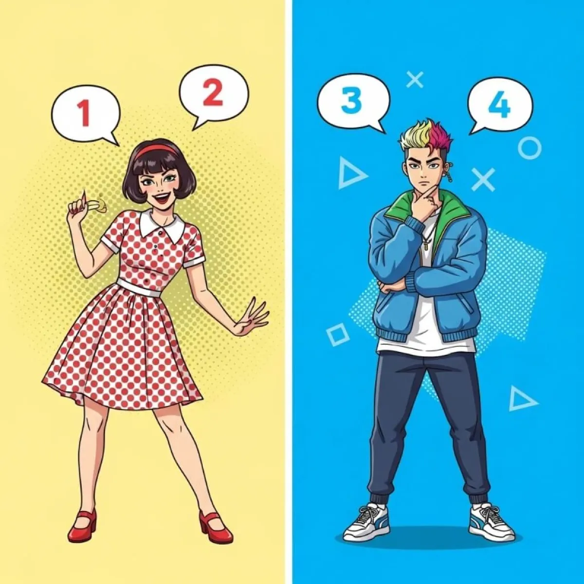 1900년대생(1, 2)과 2000년대생(3, 4)을 시각적으로 구분한 인포그래픽 차트