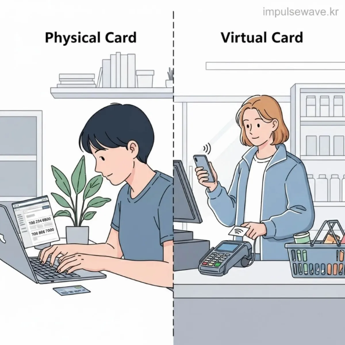 온라인 쇼핑몰 결제창에는 실물 카드 번호가 필요하고, 오프라인 매장 포스기에는 가상 번호가 쓰이는 것을 비교한 이미지