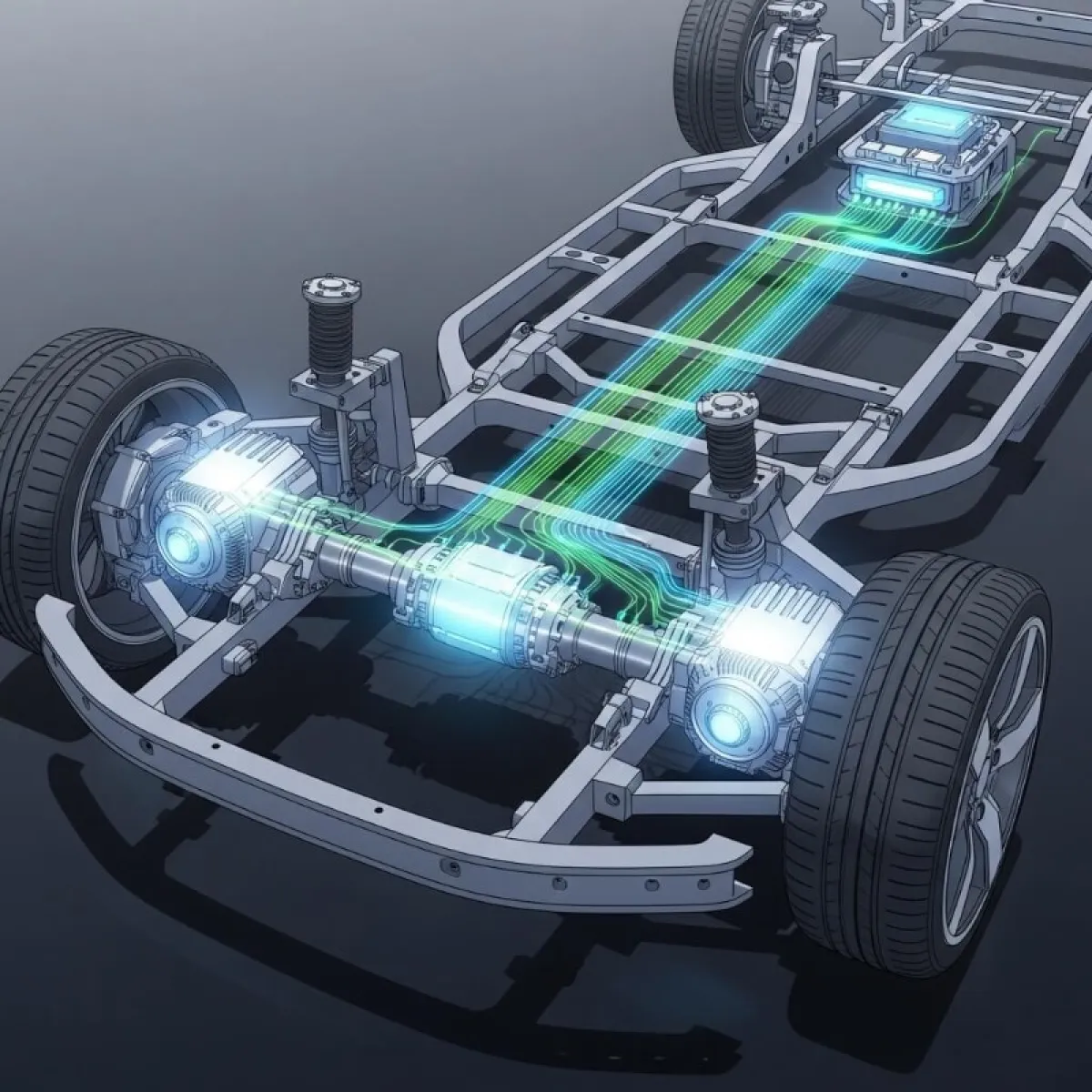 전기차 하부 투시도, 앞바퀴와 뒷바퀴 차축에 각각 모터가 달려있는 듀얼 모터 시스템 구조