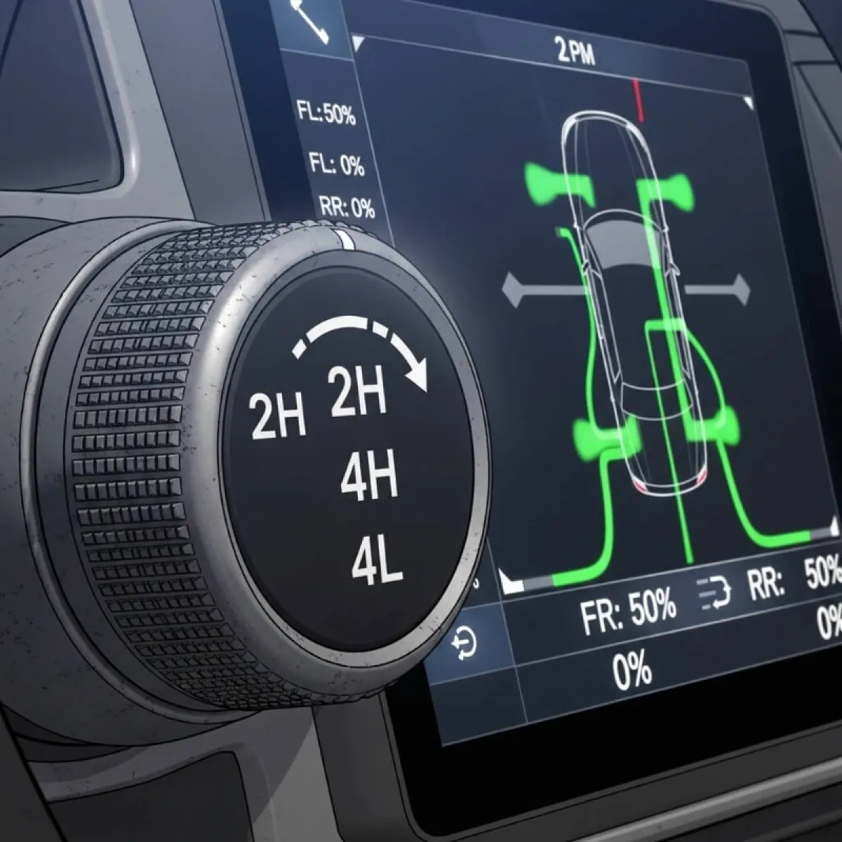 자동차 실내 기어 노브 주변의 4WD 조작 다이얼(2H, 4H, 4L)과 최신 AWD 차량의 전자식 구동 배분 화면