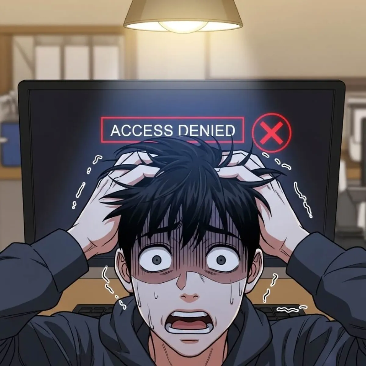 비밀번호 입력창에 잘못된 암호를 입력하여 붉은색 경고등이 켜진 모습과 당황하는 사용자 캐릭터