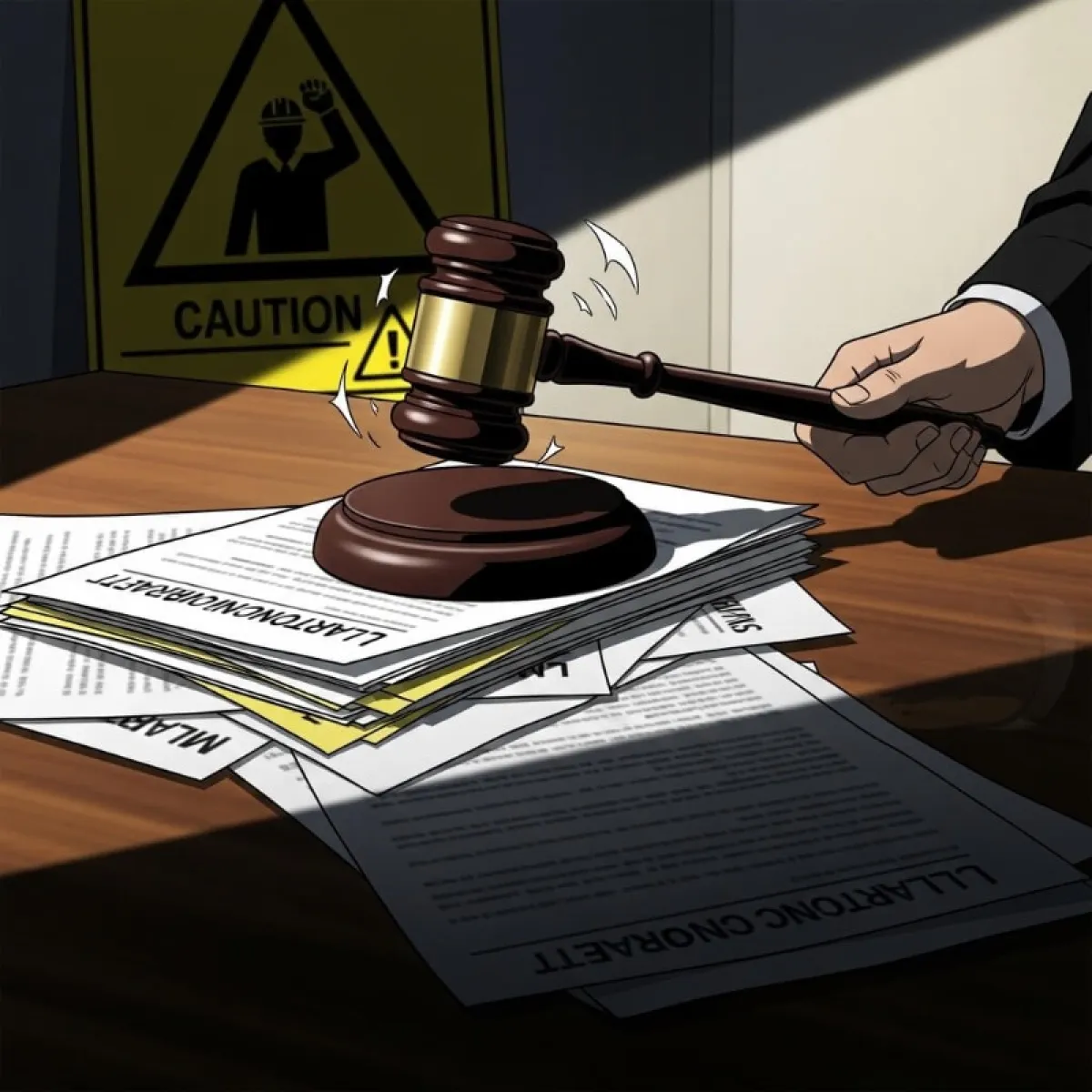 법전과 판사봉, 그리고 붉은색 경고 마크가 찍힌 근로계약서, 법 위반 시 제재 강조