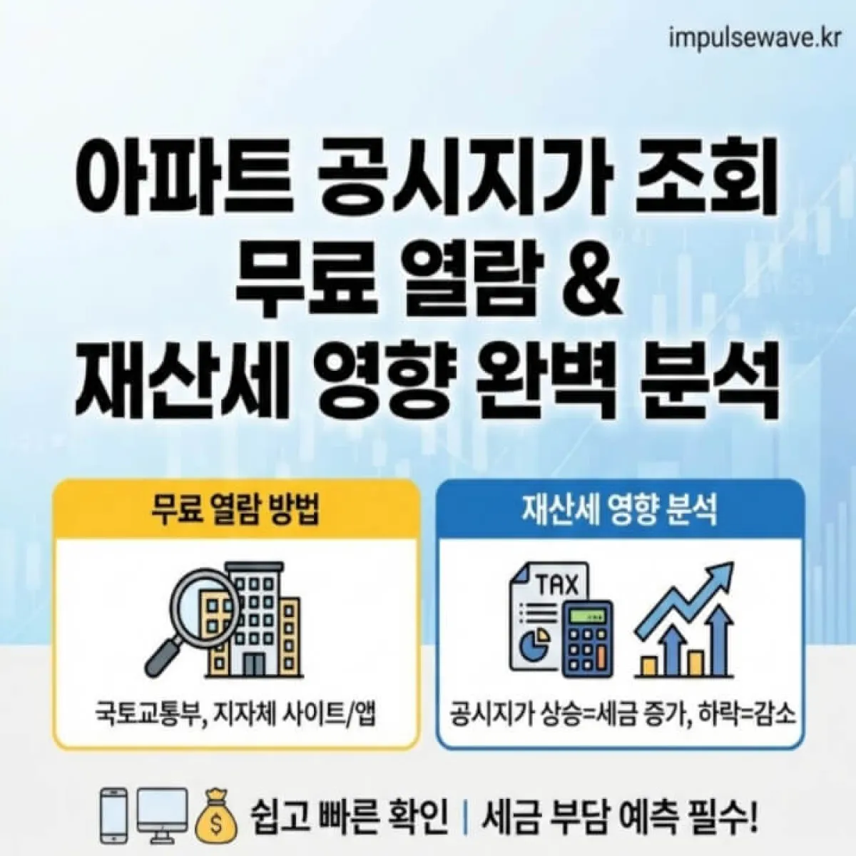 아파트 단지 전경 위로 세금 고지서와 계산기 이미지가 떠 있고, 고민하는 사람의 모습 일러스트