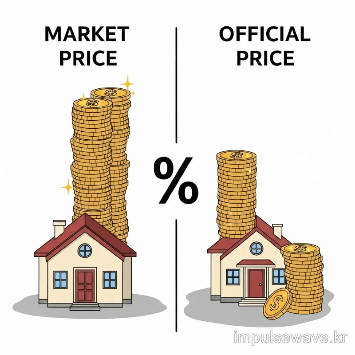 공시지가와 실거래가의 차이를 설명하는 인포그래픽, 현실화율 그래프가 상승하는 모습