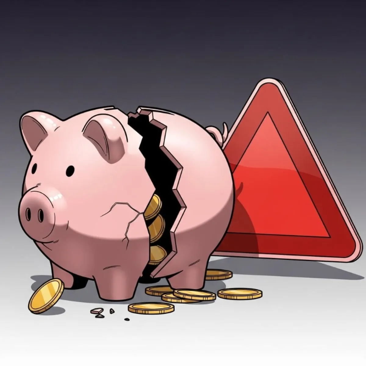 깨진 돼지 저금통과 경고 표지판, 예금 중도 해지 시 금리 손실 위험을 경고하는 이미지
