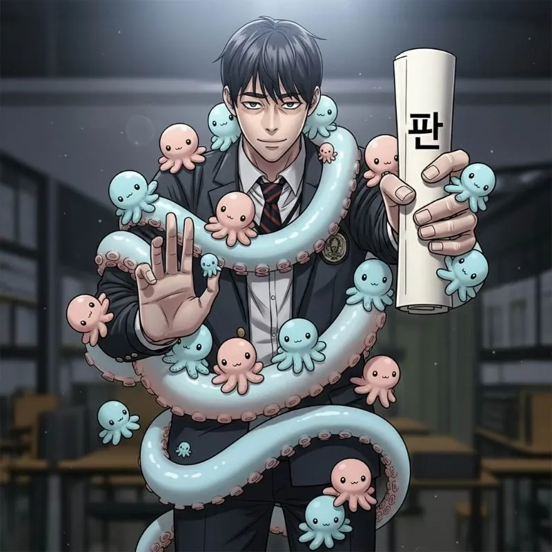 문어 다리가 사람의 몸을 칭칭 감고 있지만, 그 사람이 합격증을 손에 쥐고 있는 이중적인 이미지