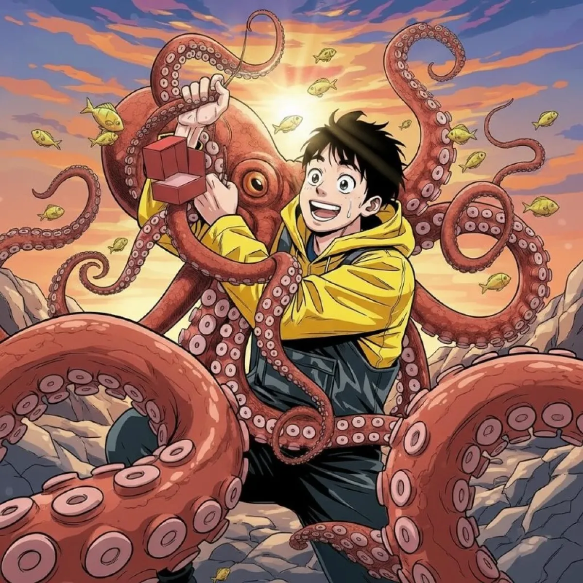 어부가 그물이나 손으로 아주 크고 싱싱한 문어를 힘껏 잡아 올리는 역동적인 장면