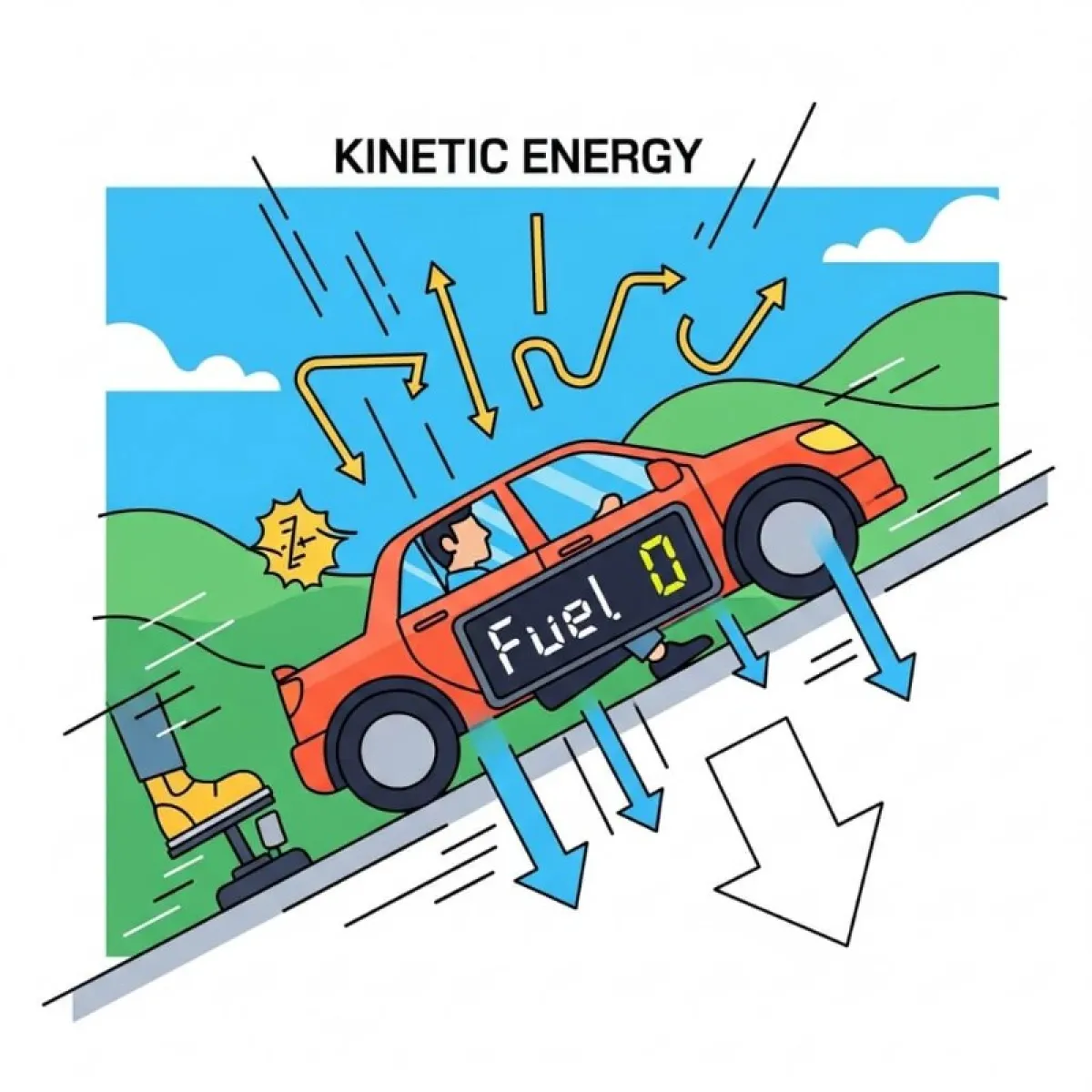 내리막길에서 가속 페달을 떼고 관성 주행하는 자동차와 연료 차단 상태를 보여주는 계기판 이미지