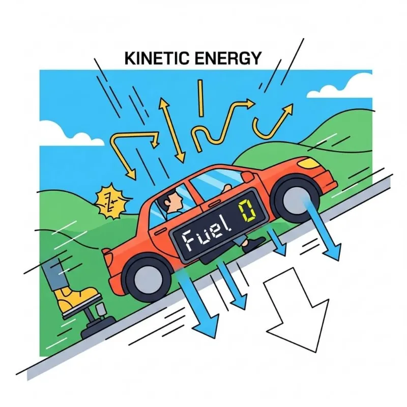 내리막길에서 가속 페달을 떼고 관성 주행하는 자동차와 연료 차단 상태를 보여주는 계기판 이미지