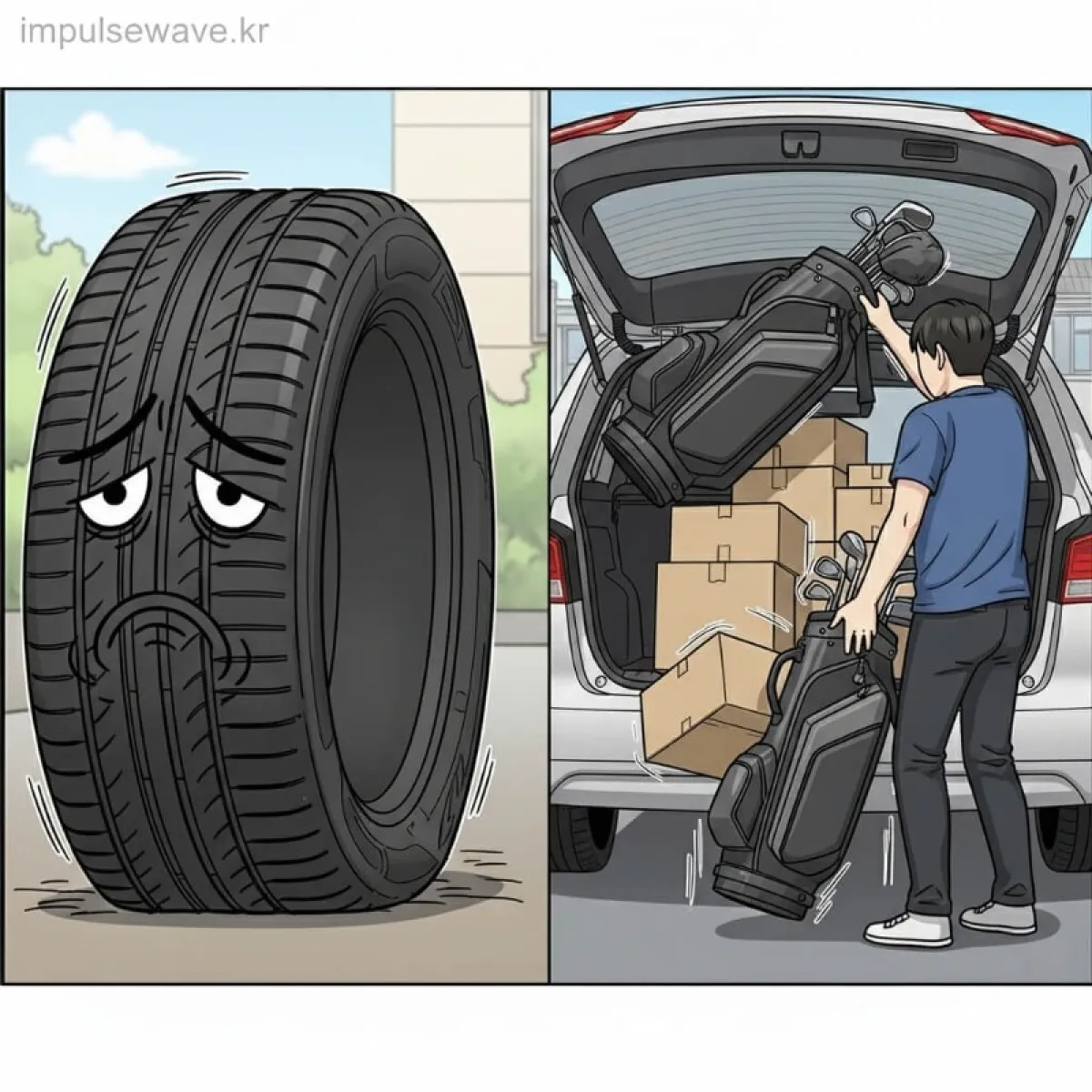 타이어 공기압을 체크하는 모습과 트렁크에서 무거운 짐을 꺼내는 장면을 비교한 인포그래픽