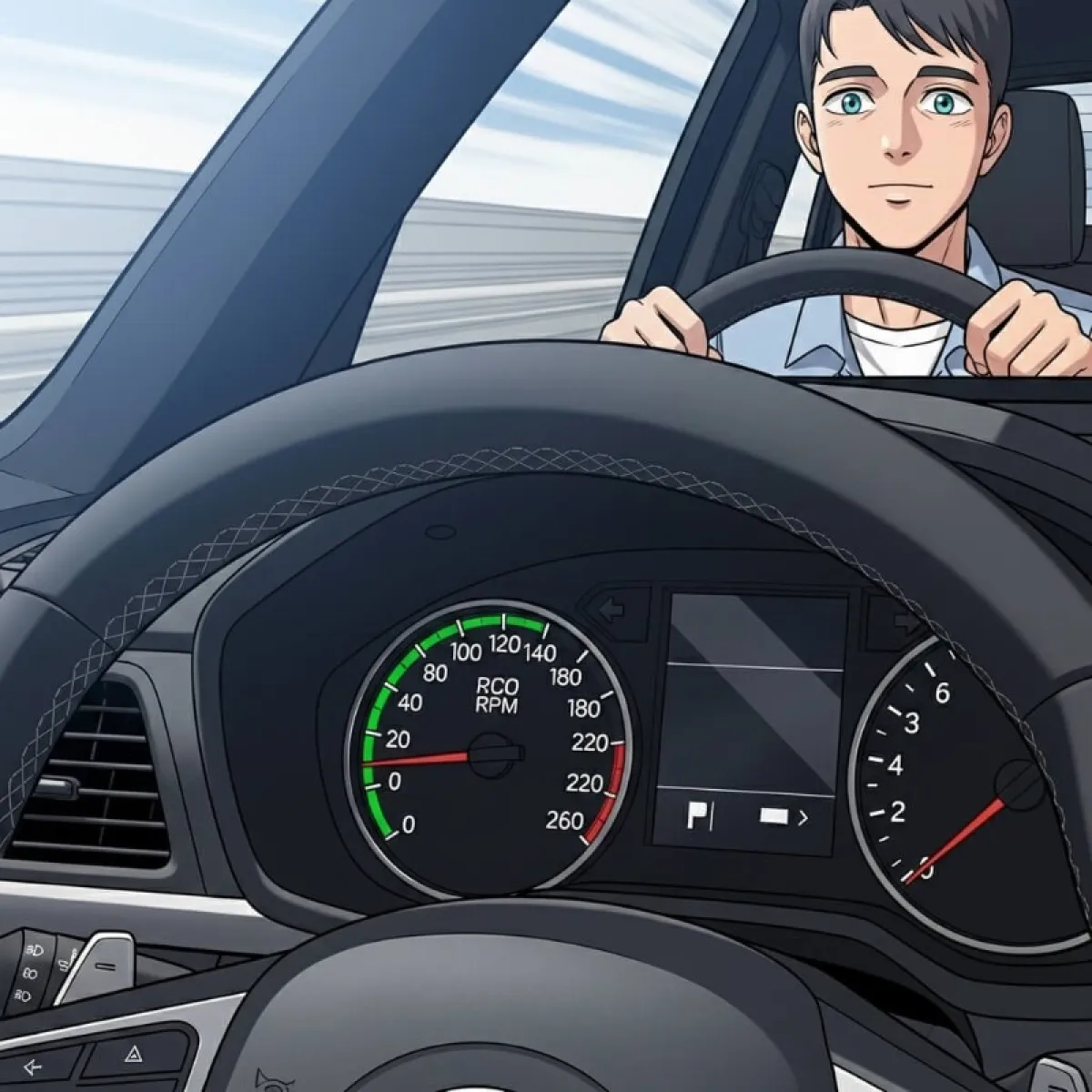 자동차 계기판의 RPM 게이지가 2000~2500 구간을 가리키고 크루즈 컨트롤 버튼이 활성화된 모습