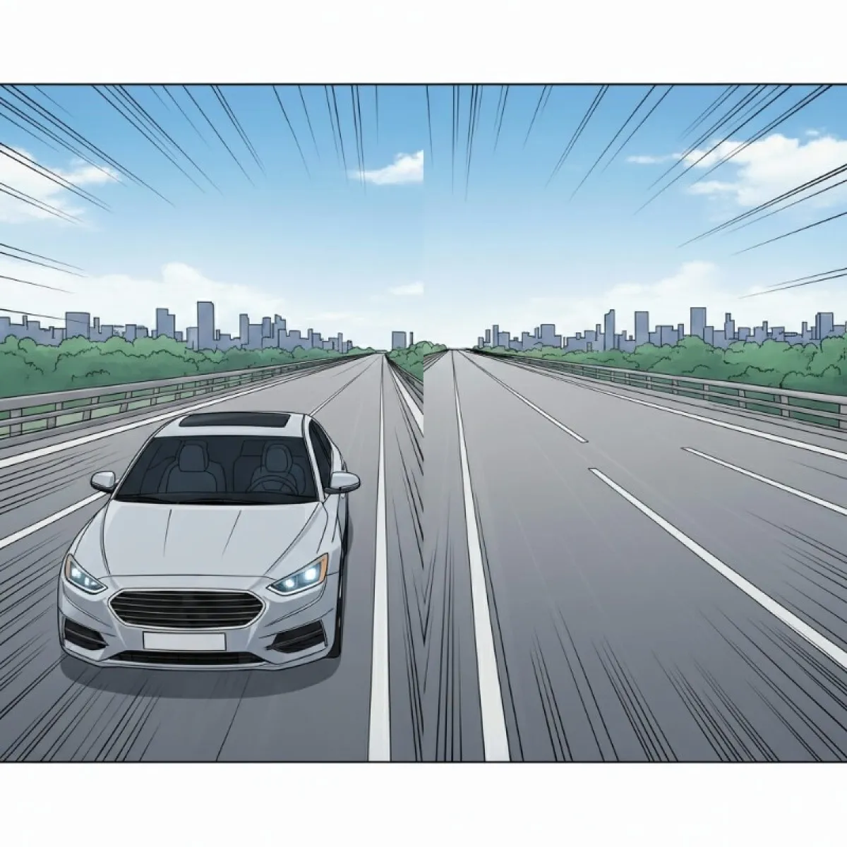 고속도로를 달리는 자동차의 창문이 닫혀 있고 에어컨 바람이 나오는 시각화 이미지