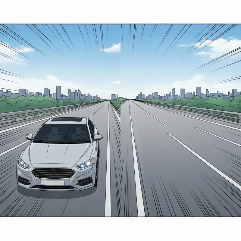 고속도로를 달리는 자동차의 창문이 닫혀 있고 에어컨 바람이 나오는 시각화 이미지