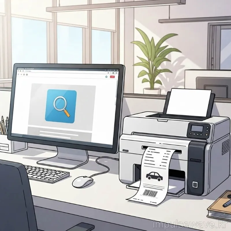 PC 모니터 화면에 고속도로 통행료 홈페이지가 떠 있고, 영수증 출력 버튼을 클릭하는 마우스 커서와 프린터 아이콘