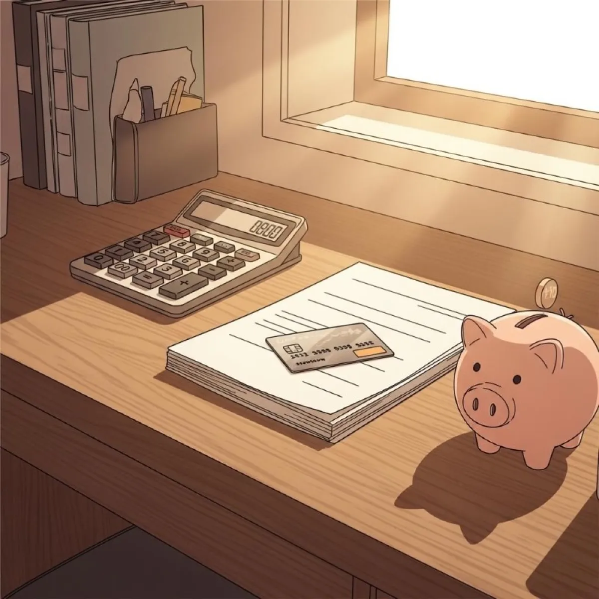 연말정산 서류와 계산기, 그리고 하이패스 카드가 놓여 있는 책상 이미지, 세금 혜택 관련 설명