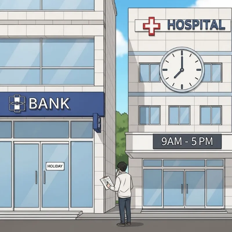 닫혀있는 은행 셔터와 관공서 문, 그리고 병원비 영수증에 