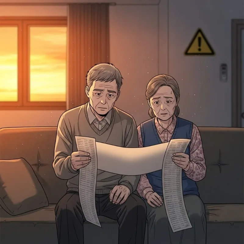 은퇴한 노부부가 높은 월 상환액 고지서를 보고 걱정하는 모습과 경고 마크