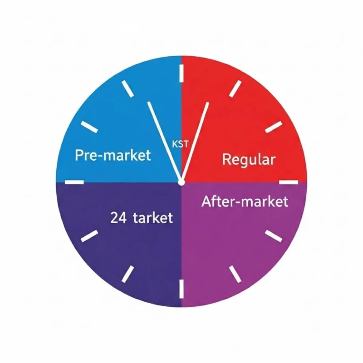 프리마켓, 정규장, 애프터마켓의 시간을 시계 아이콘과 함께 한국 시간으로 정리한 인포그래픽