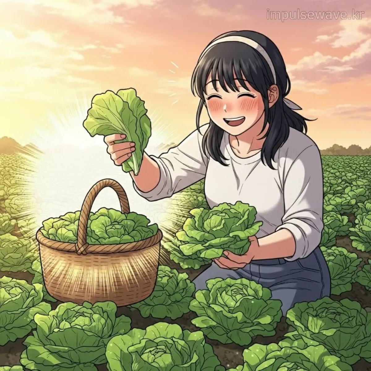 농부 혹은 젊은 여성이 웃으며 밭에서 상추를 따서 바구니에 가득 담는 행복한 모습