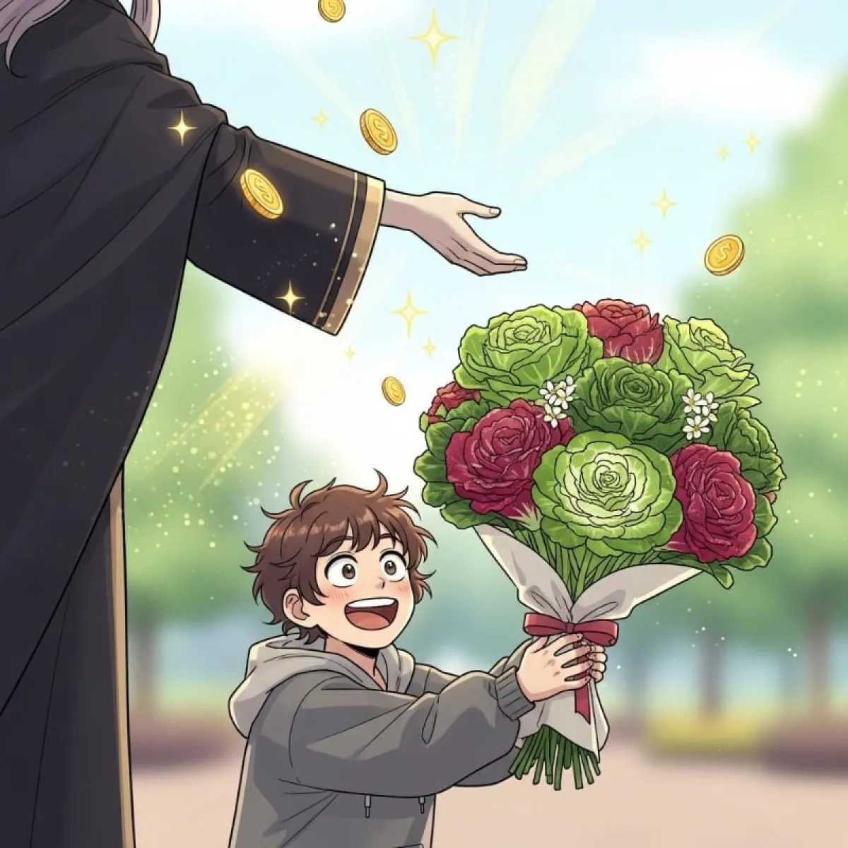 누군가로부터 싱싱한 상추 다발을 선물 받아 기뻐하는 모습, 선물 상자 아이콘과 오버랩