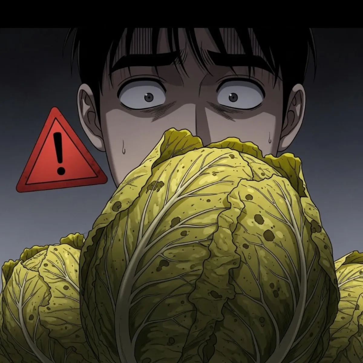 밭에 시들고 벌레 먹은 상추가 축 늘어져 있고, 회색빛 배경으로 걱정스러운 분위기