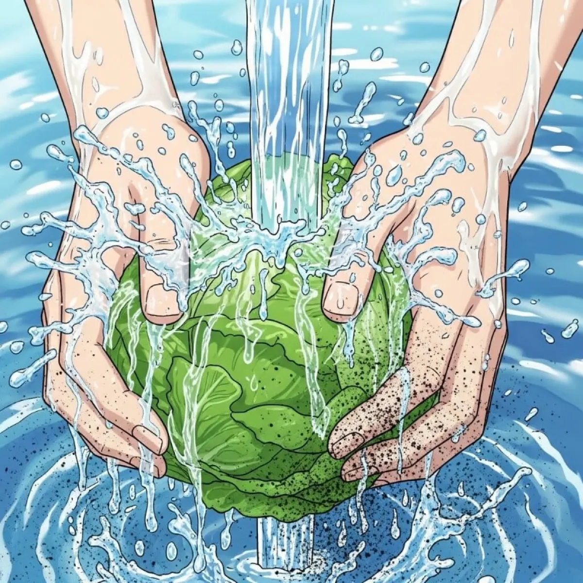 맑은 물에 상추를 깨끗이 씻어내는 손 클로즈업, 물방울이 튀며 상쾌한 느낌