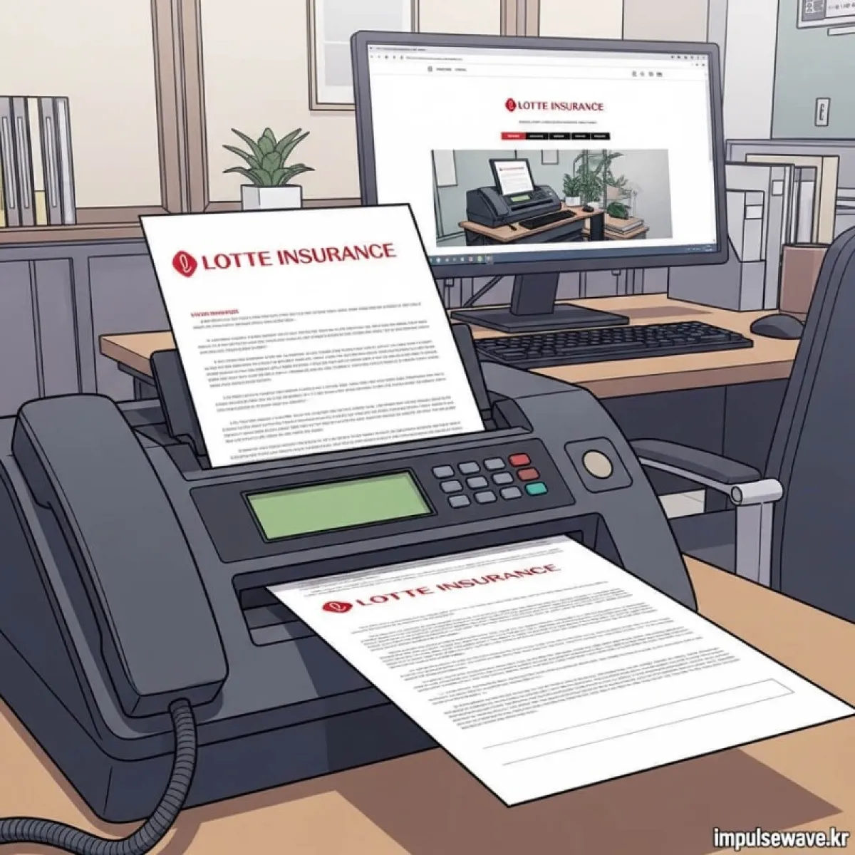 사무실 책상 위 팩스 기기와 보험 청구서 서류, PC 모니터에 고객센터 화면이 떠 있는 모습