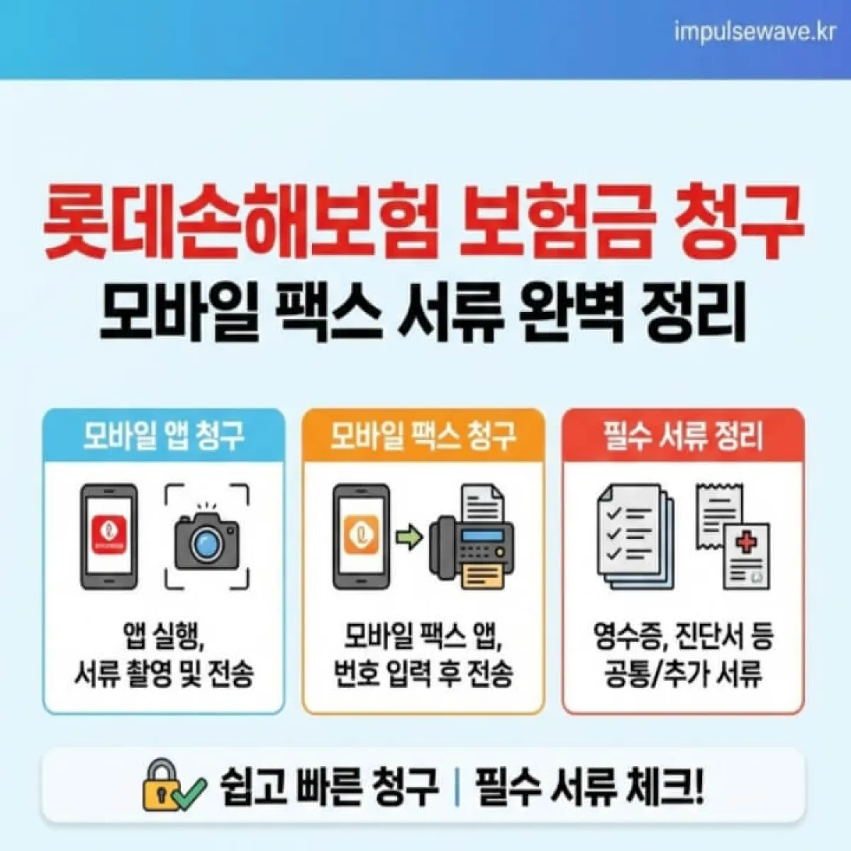 병원비 영수증과 스마트폰 화면에 롯데손해보험 앱이 켜져 있는 모습, 간편하게 보험금을 청구하는 일러스트