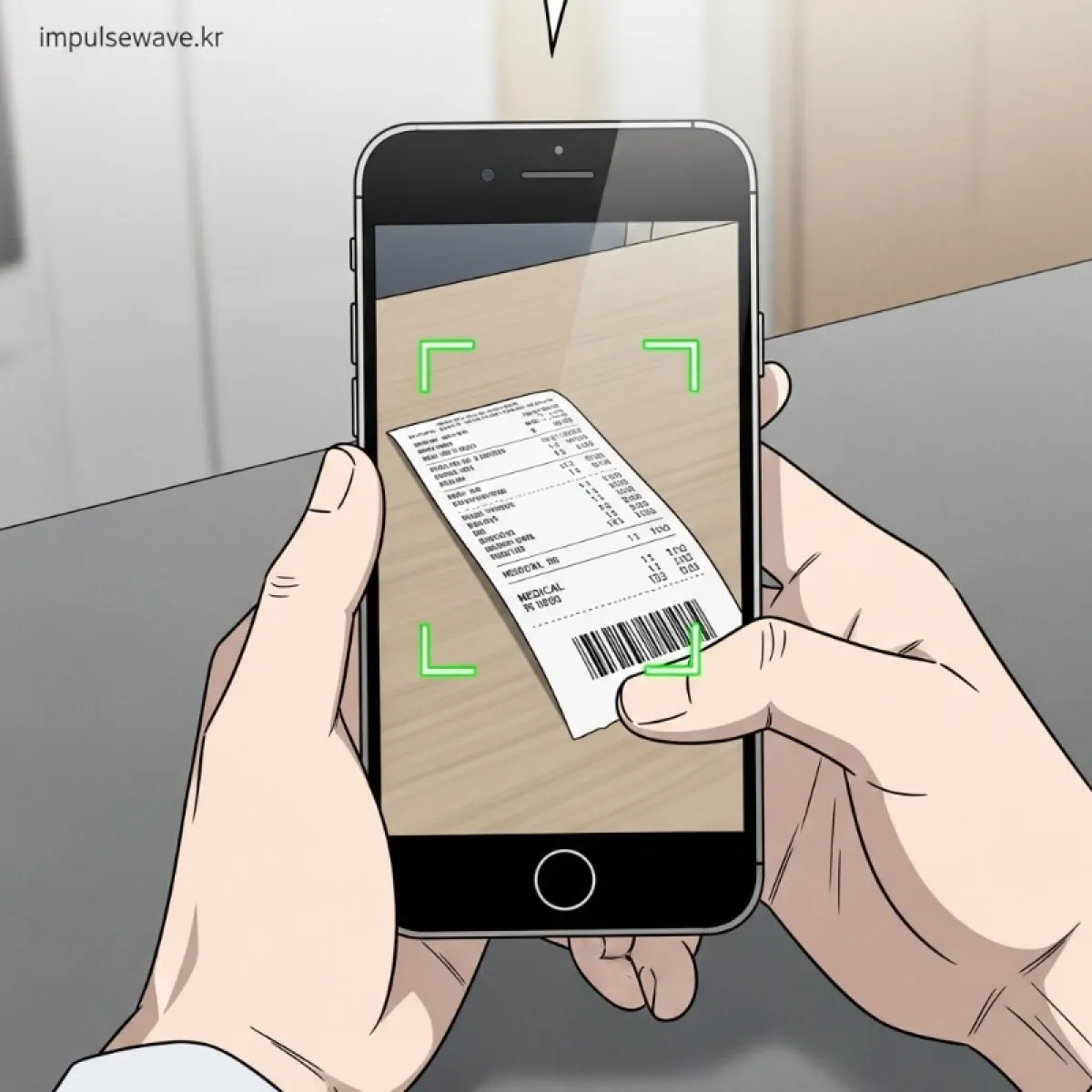 스마트폰으로 진료비 영수증을 카메라로 촬영하여 업로드하는 화면 클로즈업