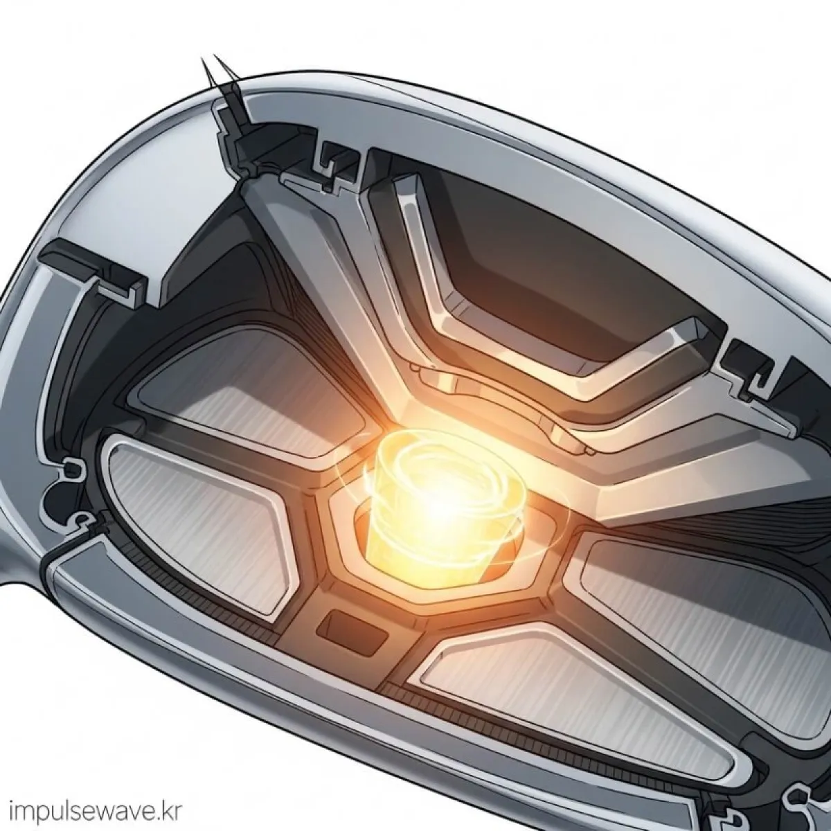 캐비티 백 아이언의 뒷면 구조와 무게 중심이 낮게 설계된 단면도를 보여주는 기술적 설명 이미지