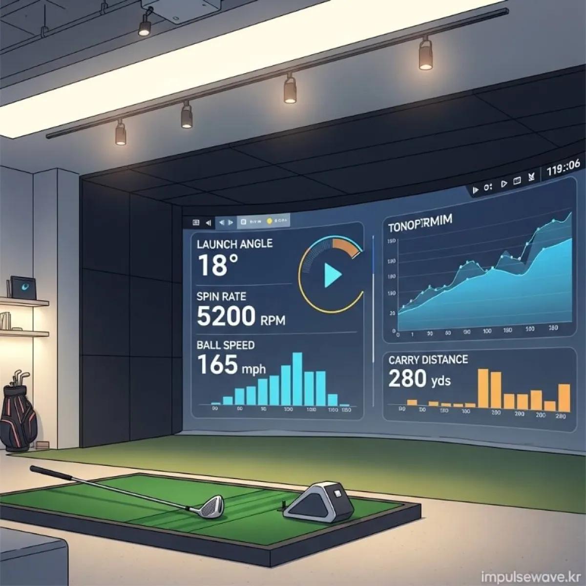 골프 스윙 분석기 트랙맨 화면에 발사각, 스핀양, 비거리 등 숫자가 표시된 데이터 모니터 화면