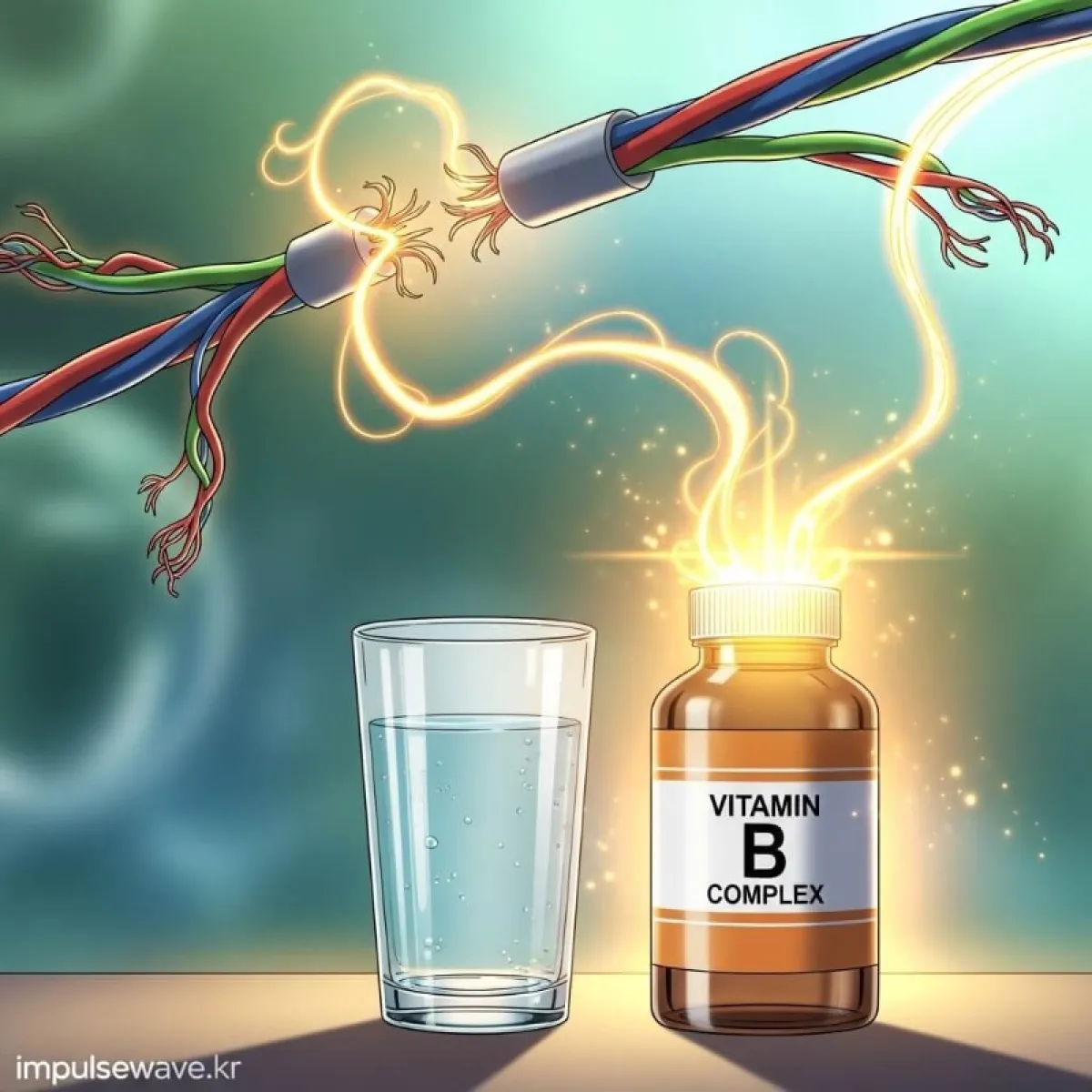 물 한 잔과 비타민 B 영양제, 그리고 신선한 채소 안주가 놓인 건강한 테이블 이미지