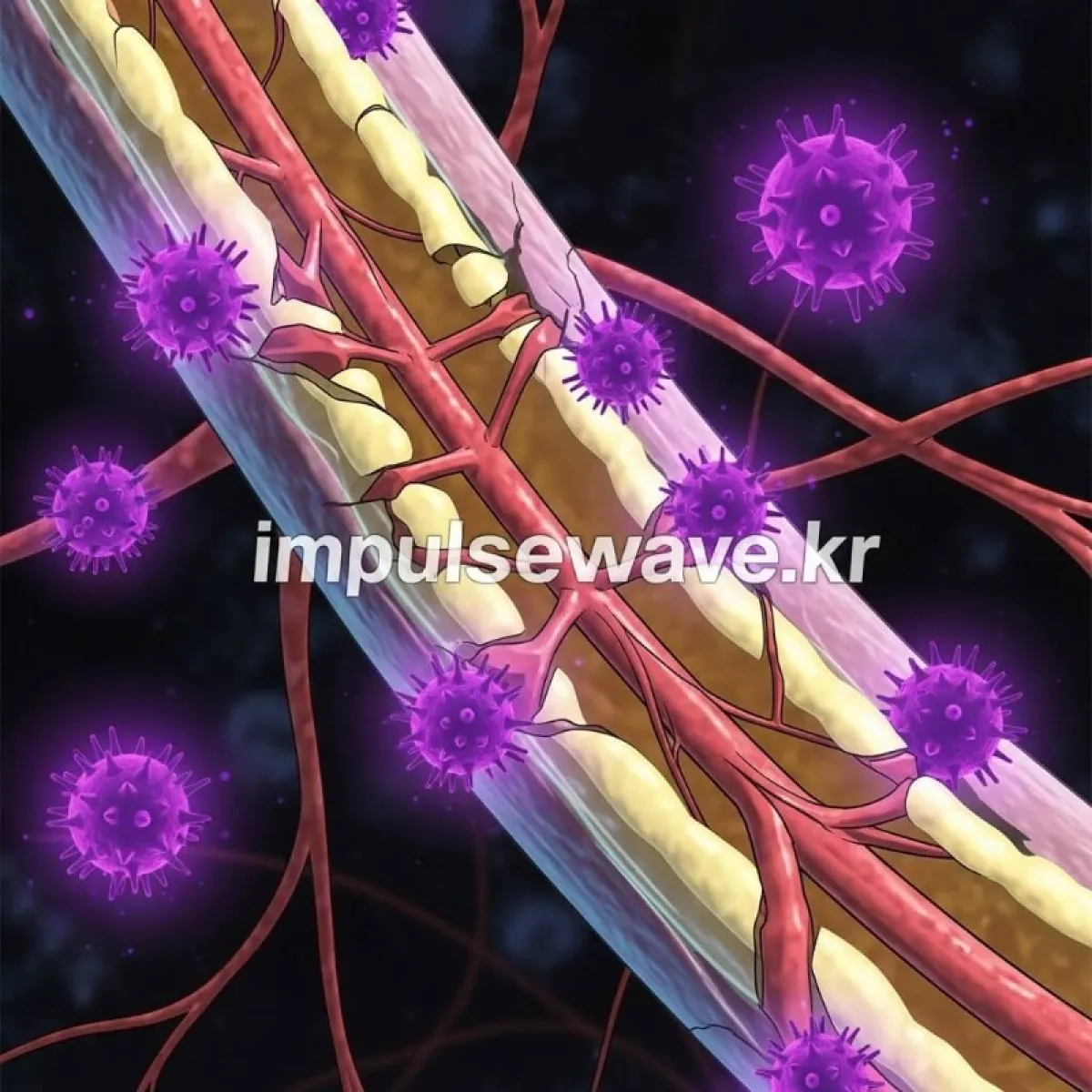 알코올 독소가 인체 내부의 신경세포 미엘린 막을 공격하여 손상시키는 과정을 확대한 의학적 그래픽