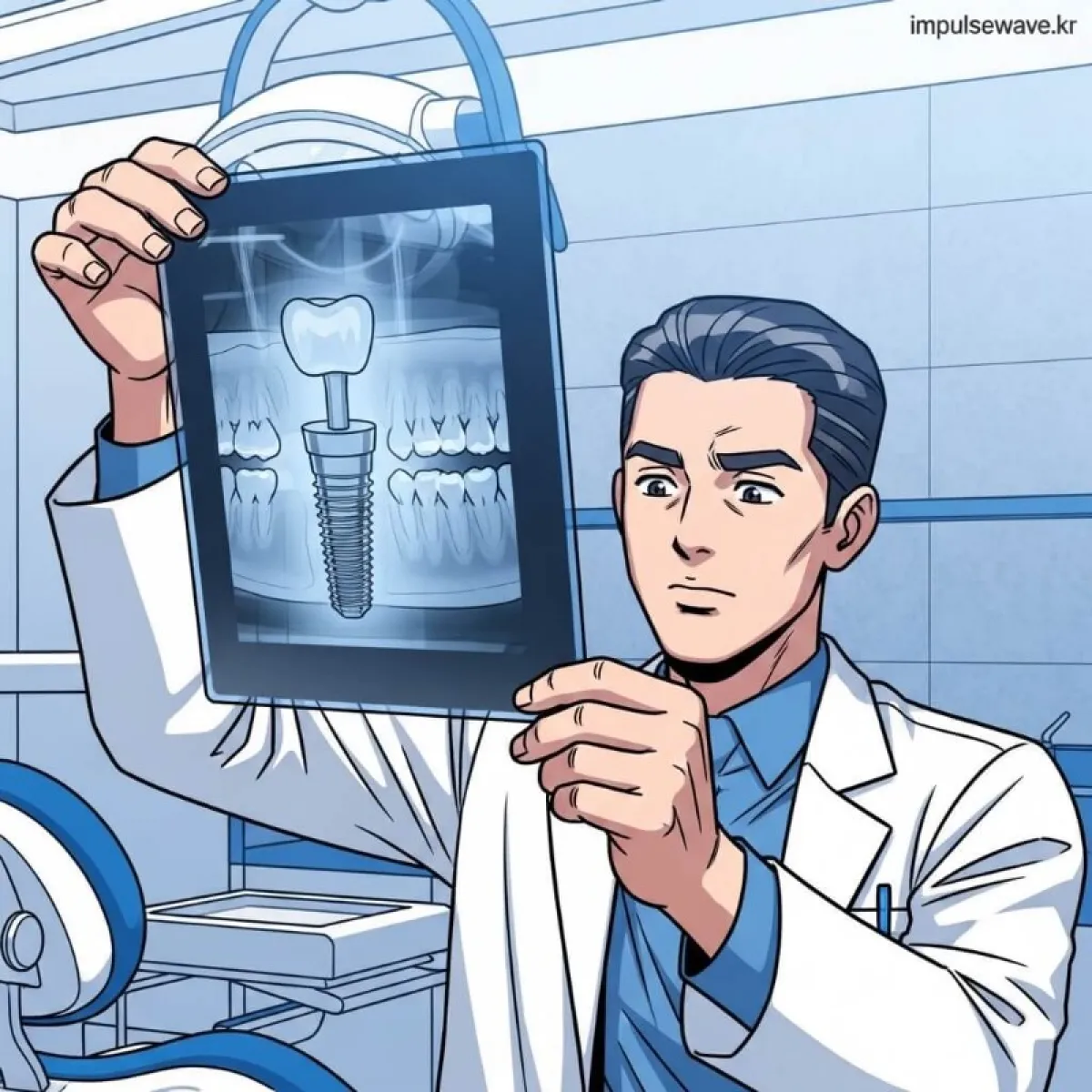 치과 엑스레이 필름을 보고 있는 의사의 뒷모습과 임플란트 모형이 놓인 진료실 풍경