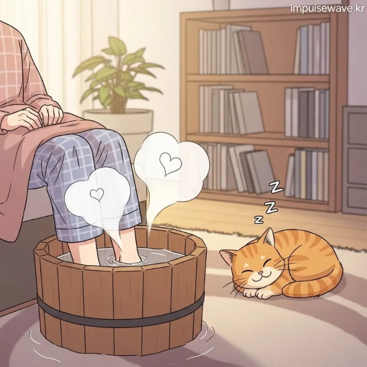 따뜻한 물이 담긴 족욕기에 발을 담그고 편안하게 휴식을 취하는 모습과 올라오는 김