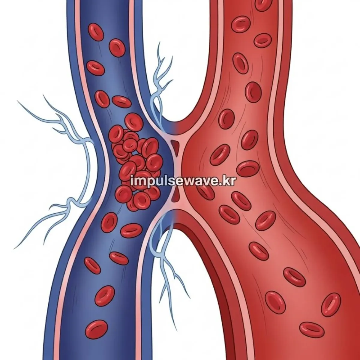 인체 내부의 혈관이 수축되어 혈액 흐름이 막히는 모습과 정상 혈관을 비교한 의학적 그래픽