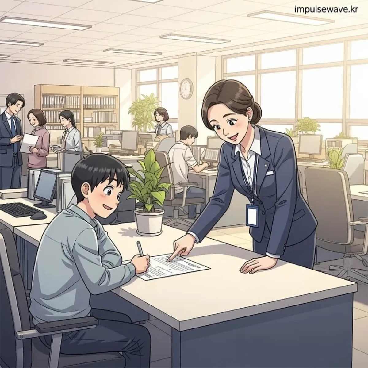 주민센터 민원 창구에서 서류를 작성하고 상담을 받는 시민의 모습