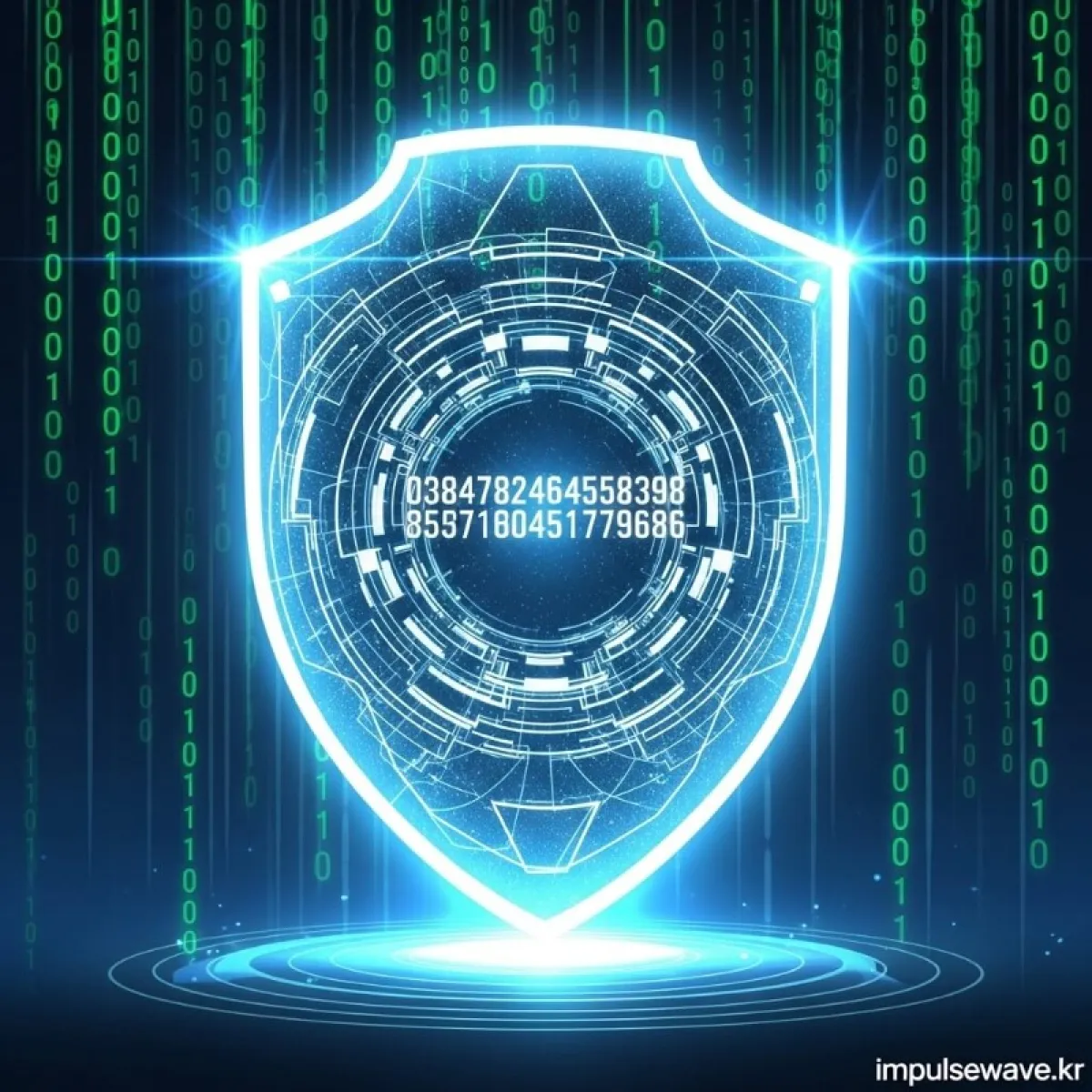 보안 방패 아이콘이 그려져 있고, 무작위 숫자가 생성되는 디지털 보안 시스템 이미지