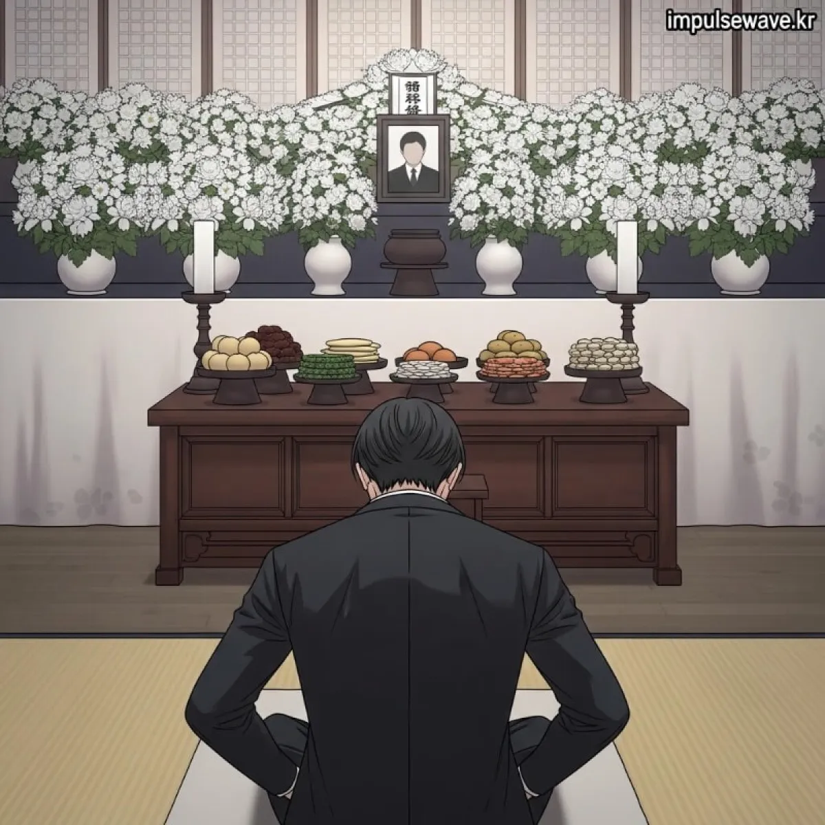 영정 사진 앞에서 무릎을 꿇고 향을 피우거나 절을 하는 조문객의 뒷모습
