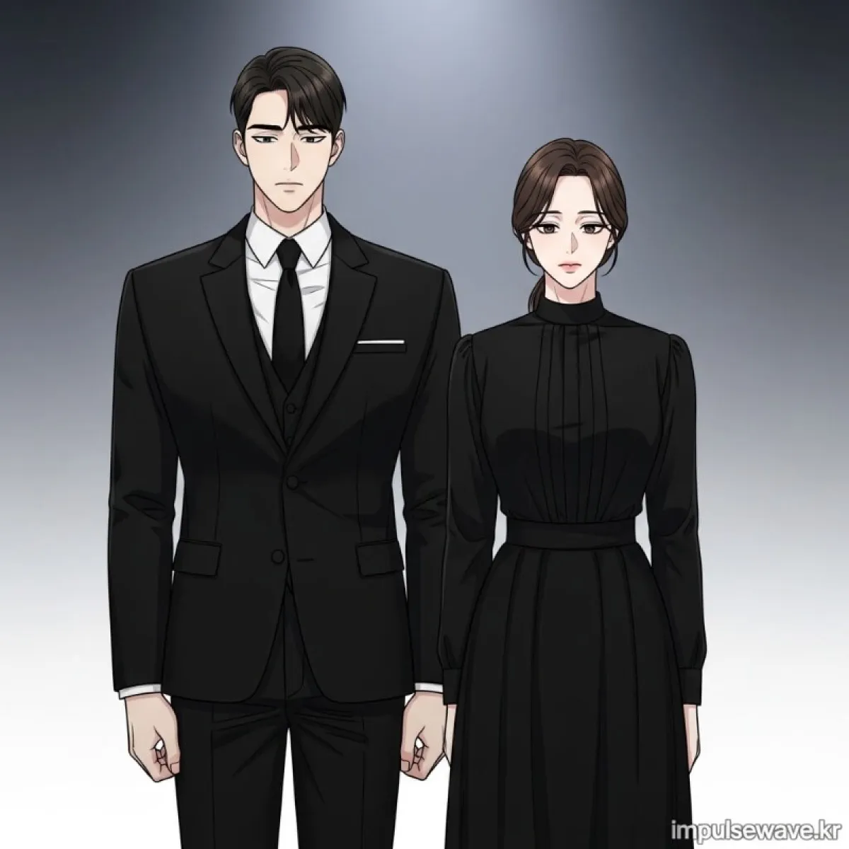 남성과 여성의 올바른 장례식 조문 복장 예시, 검은 정장과 어두운 캐주얼 복장을 비교한 그림