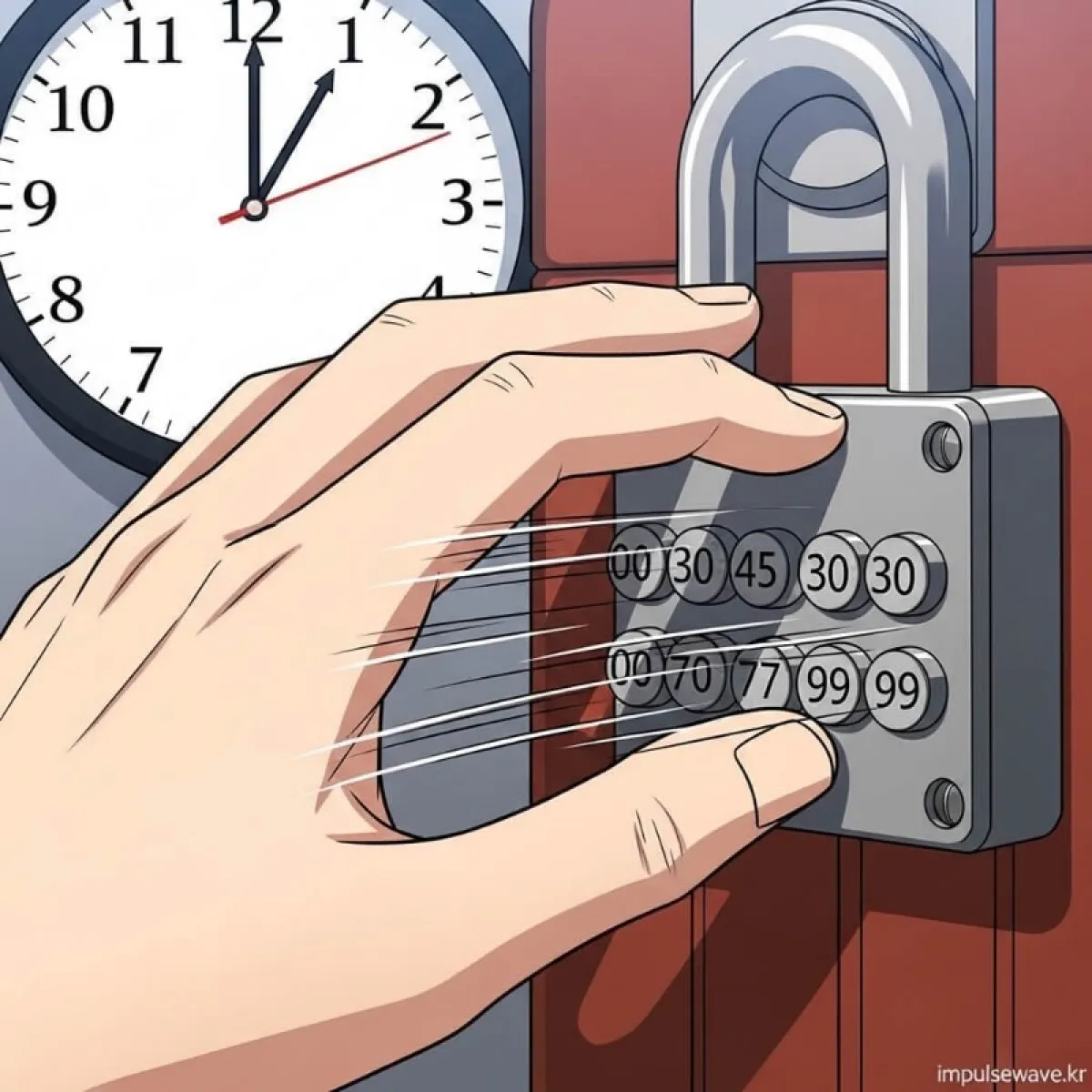 캐리어 자물쇠 다이얼을 000부터 999까지 순차적으로 돌리는 손가락의 모습과 시계 아이콘