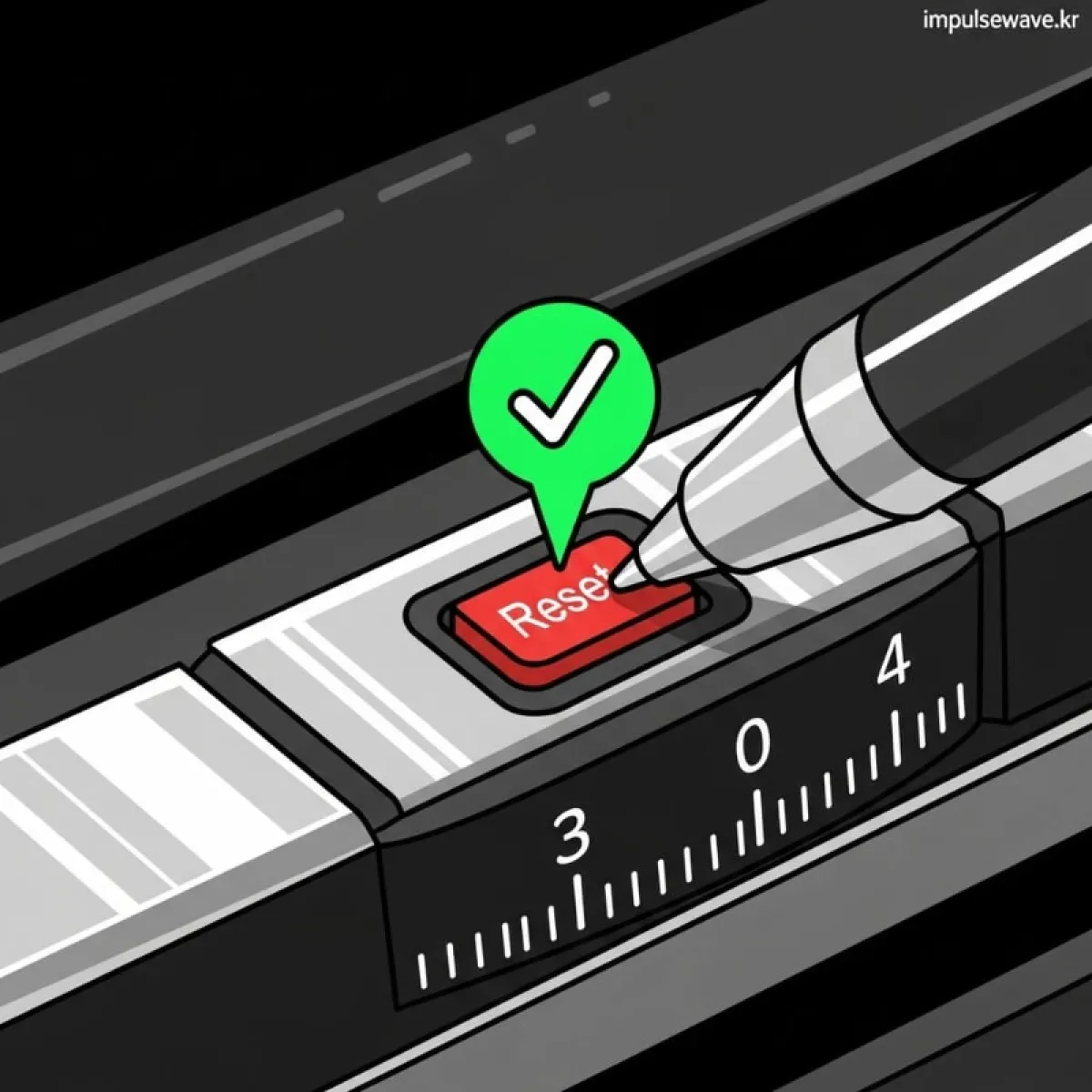 뾰족한 볼펜으로 캐리어 잠금장치 옆의 작은 리셋 버튼을 누르는 장면