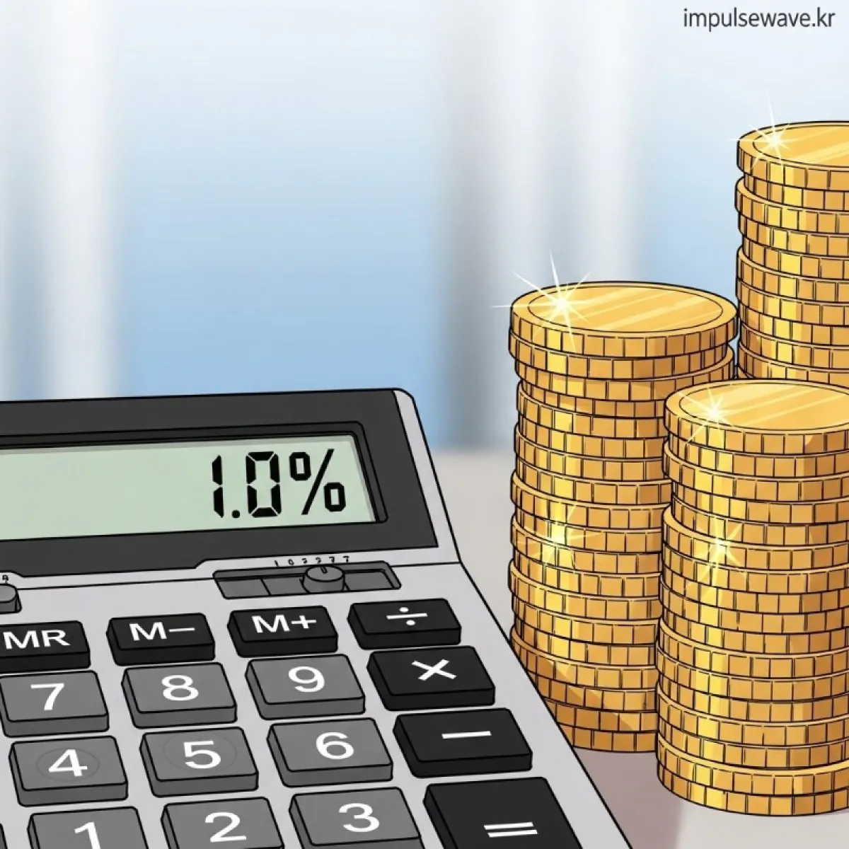 계산기 화면에 월 40만 원과 연 1.0%라는 숫자가 크게 표시되고 동전이 쌓여 있는 이미지