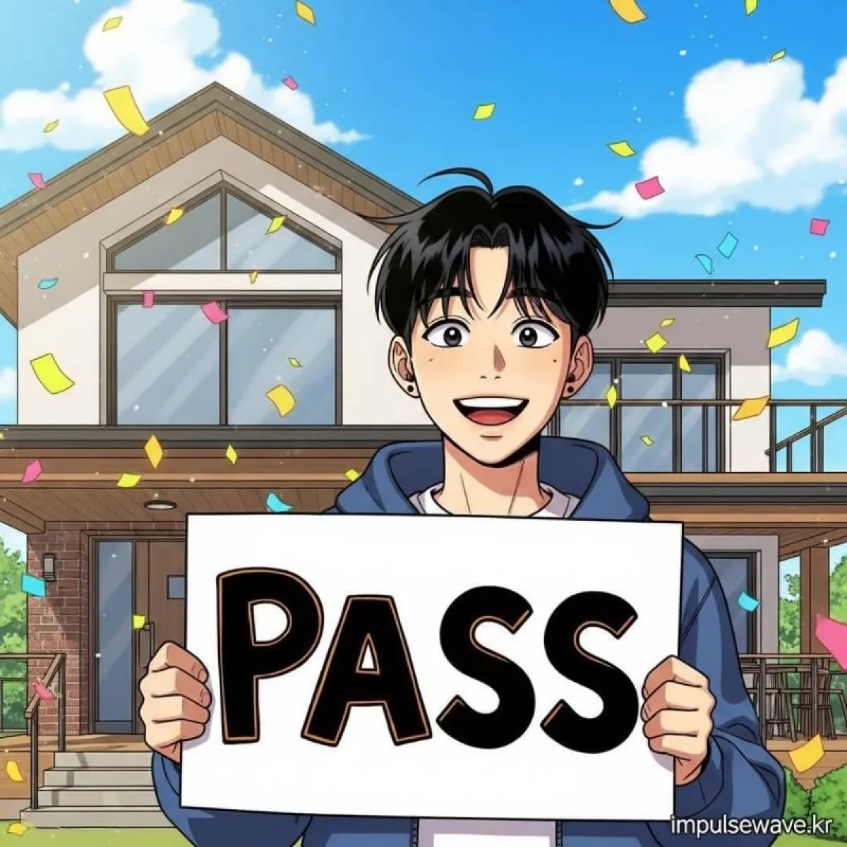 만 19세에서 34세 사이의 청년 캐릭터가 집 모양의 자격 요건 관문을 통과하는 모습