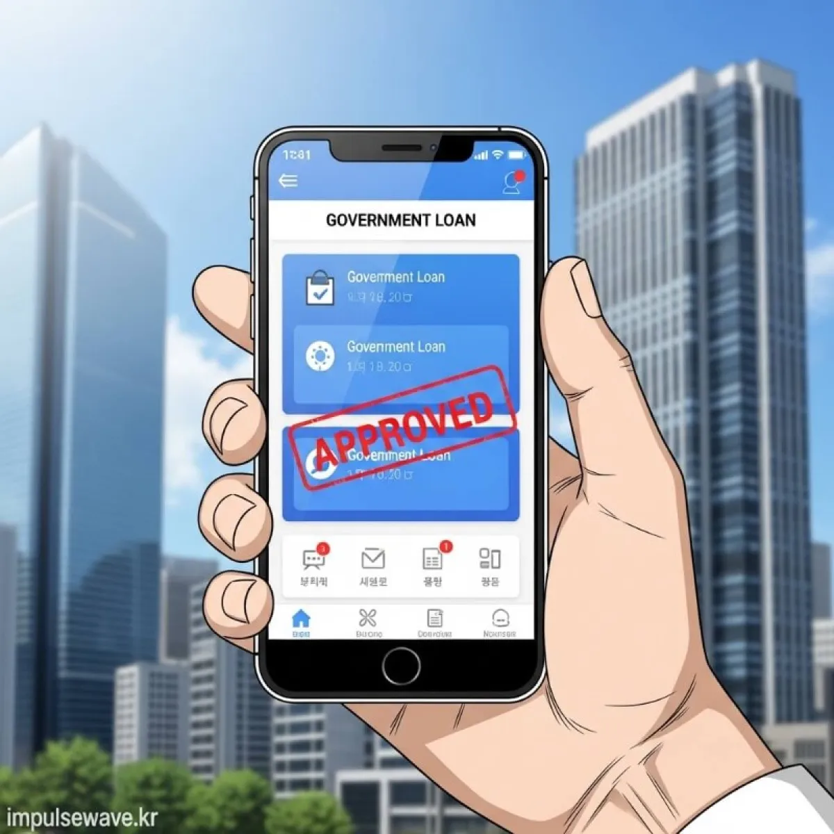 스마트폰으로 기금e든든 앱을 실행하여 대출을 신청하고 승인 도장을 받는 손 클로즈업