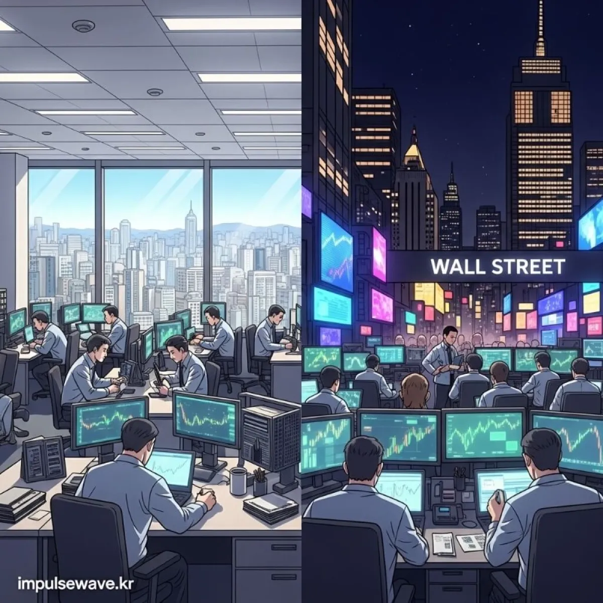 낮에는 한국 증권거래소, 밤에는 뉴욕 타임스퀘어 전광판이 빛나는 분할 화면 이미지