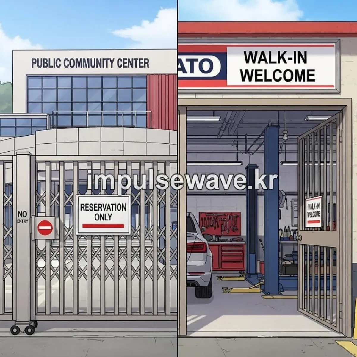 공단 검사소(예약 필수)와 민간 지정 검사소(당일 가능)의 간판을 비교하여 보여주는 이미